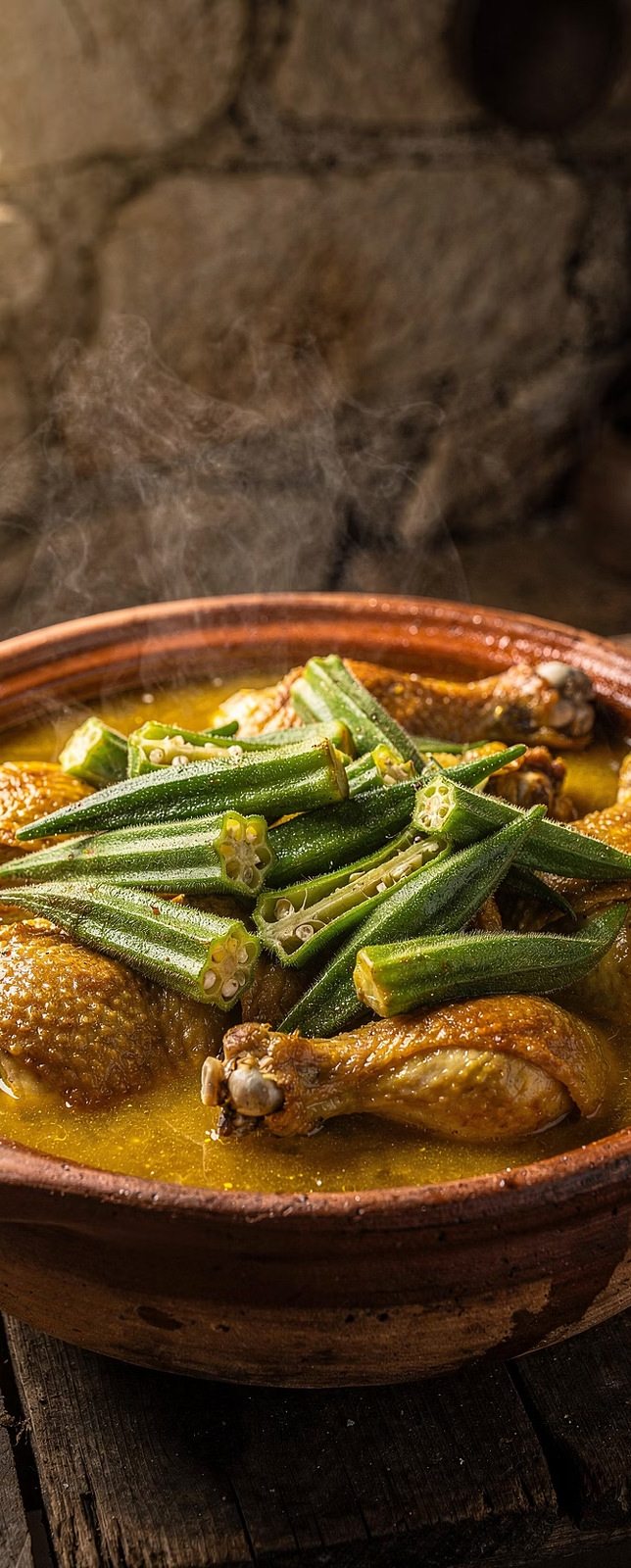 Frango com quiabo servido na panela de barro